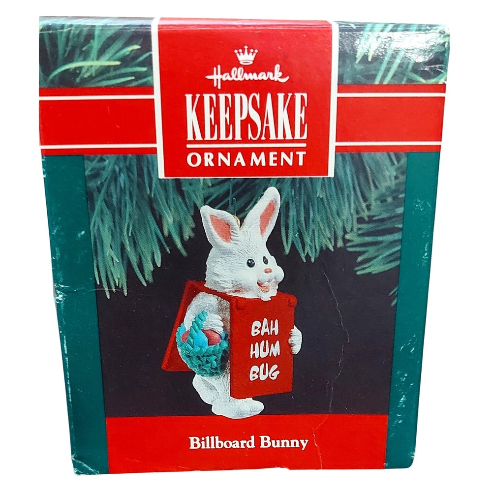 Vintage Hallmark Keepsake Ornament 1990 Billboard Bunny Bah Hum Bug Fruitcake